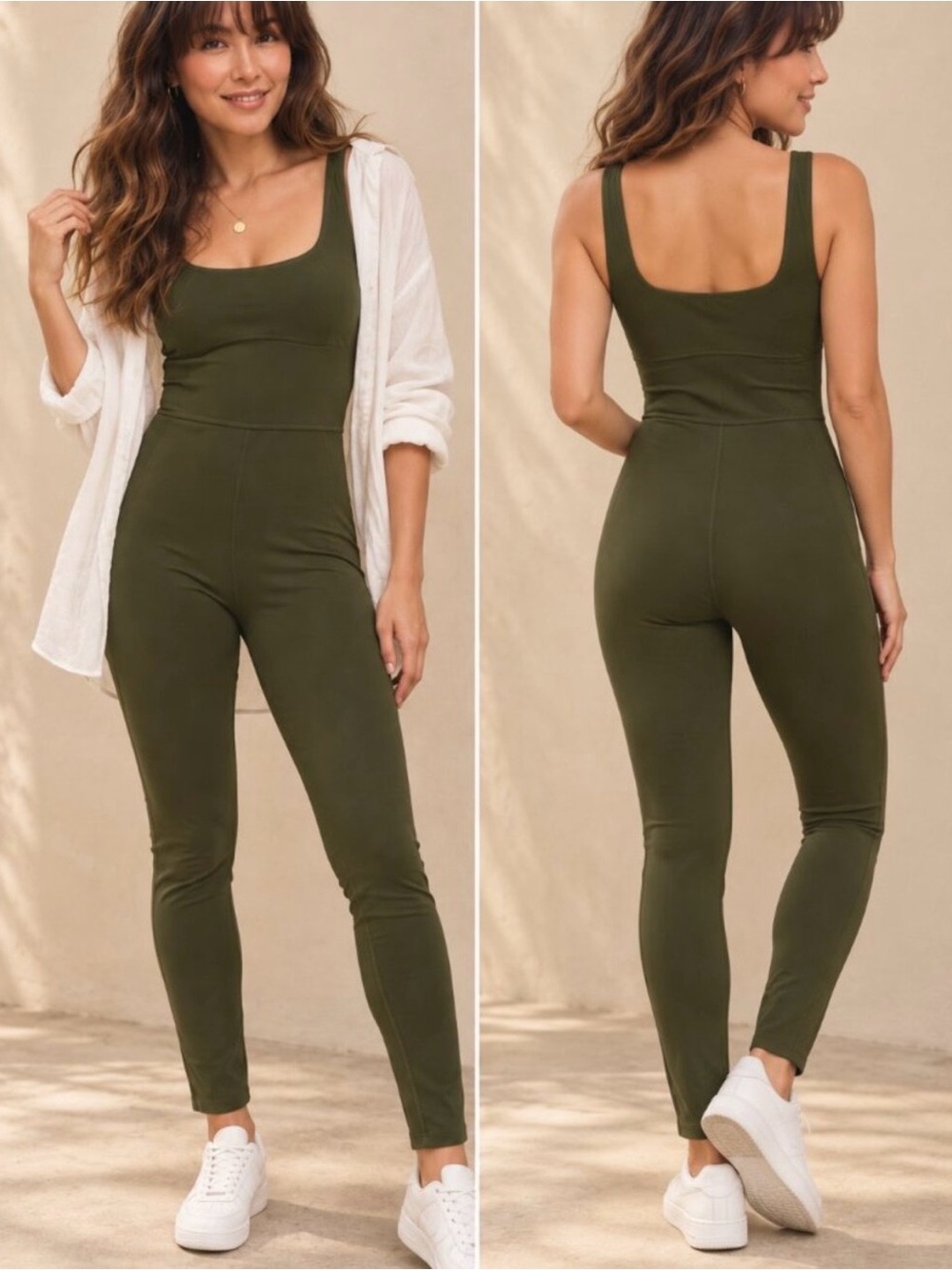 Everlane The Perform Olive Green Square-Neck Jumpsuit for Women